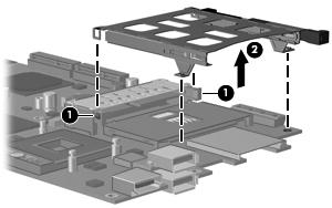 4. Remove the PC Card assembly (2). Reverse this procedure to install the PC Card assembly.