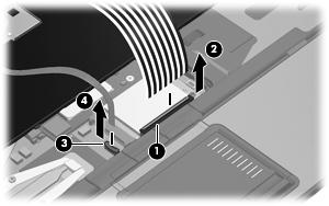 8. Release the ZIF connector (3) to which the pointing stick cable is attached, and disconnect the pointing stick cable (4) from the system board. 9. Remove the keyboard.