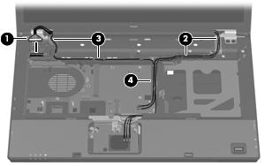 2. Remove the wireless antenna cables from the clips (2) and (3) and routing channels (4) built into the top cover. 3. Remove the following screws: (1) Two Torx T8M2.5 9.0 screws (2) One Phillips PM2.