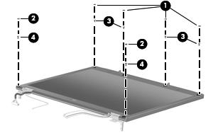 7. If it is necessary to replace the display bezel or display hinges, remove the following: (1) Four rubber screw covers on the display bezel top edge (2) Two rubber screw covers on the display bezel