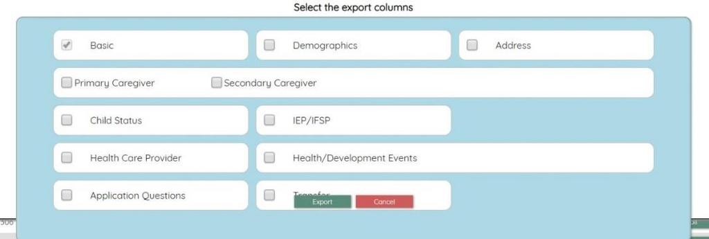 Advanced Application Export When you click on Advanced Export, a new dialog box