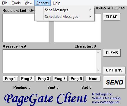 PageGate GUI Client 1.3.4 19 Reports Reports The Reports Menu of the GUI Client will allow you to run reports displaying a range of messages that meet a certain criteria.