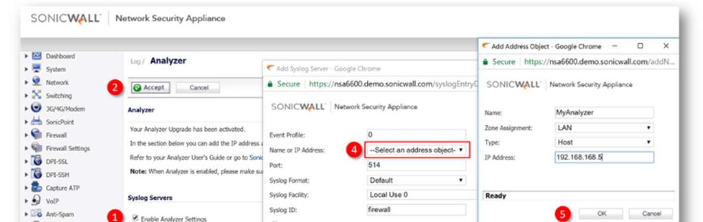 6 Fig. 8. Provisioning a SonicWall Network Security Appliance to send logs to an Analyzer.