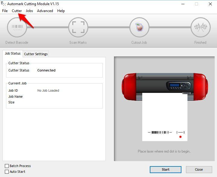 Next, click on "Cutter" and then click "Auto Calibrate Laser Offset" from the dropdown menu that appears.