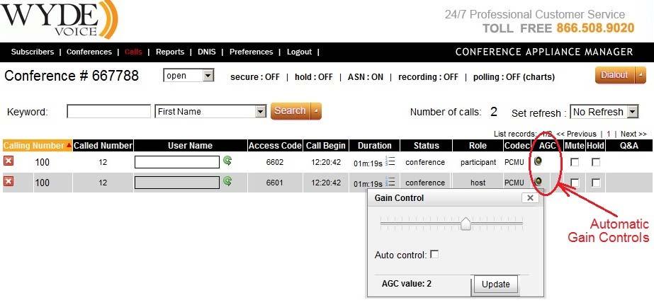 40 Figure 24: The Location of the Automatic Gain Controls (AGC) and the Gain Control Window When the automatic gain control value is set for the call, near the AGC icon for that call you