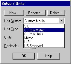 5. Click OK to add the new unit system, or click Cancel to exit the dialog box without making any changes. The Setup / Units dialog box reappears.