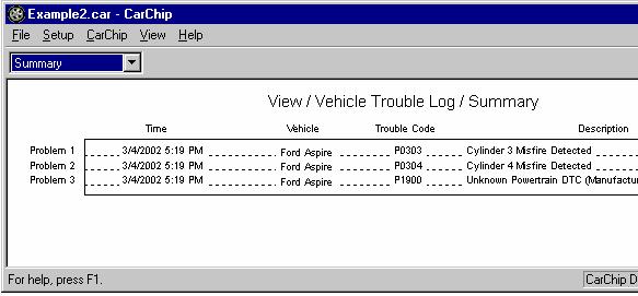 Trouble Log Views The Trouble Log View displays all the problems detected by your CarChip. Choose a topic below to learn more about the Trouble Log Summary and the Trouble Log Problem View.