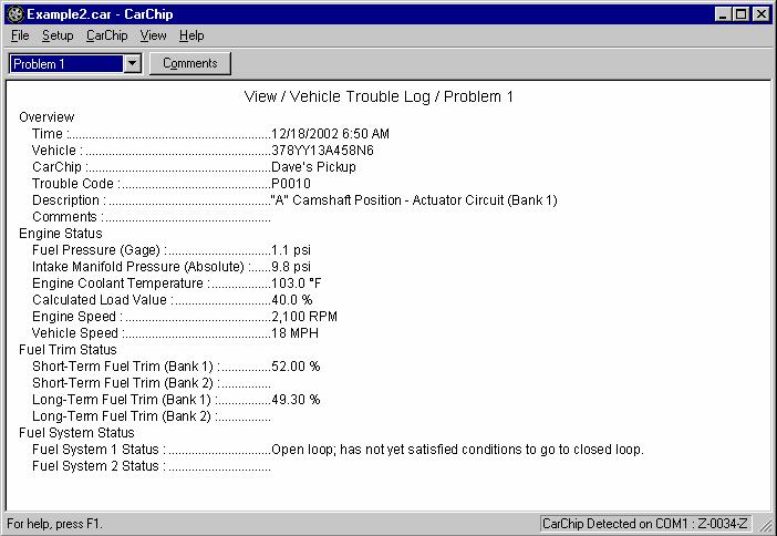 The screen shows the Trouble Log Problem view.
