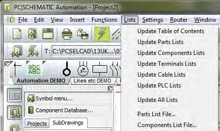 LISTS IN THE PROJECT In the Start template there are several list pages that are to be included in a project. There are chapter index, TOCs, parts list, components list, terminal list and cable lists.
