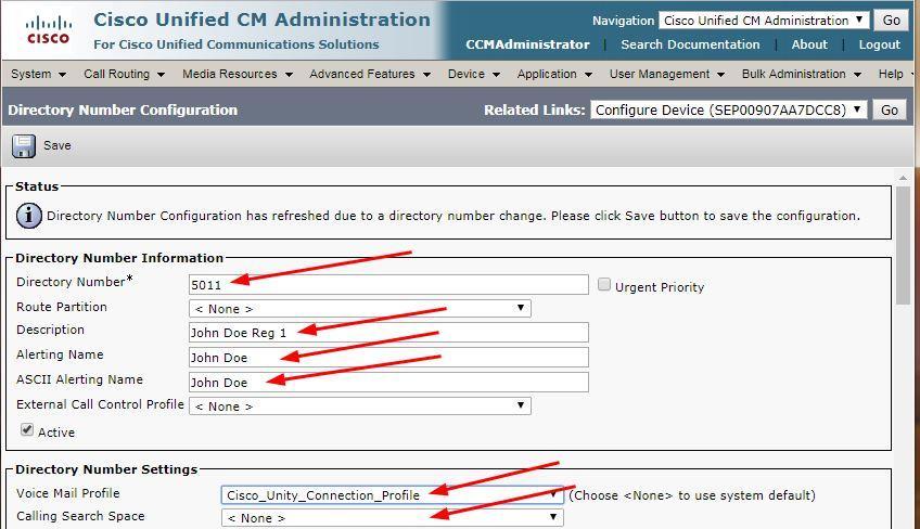 Example: Upper Portion of the Directory Number Configuration Page g Configure the Call Forward Settings as Desired for your environment.