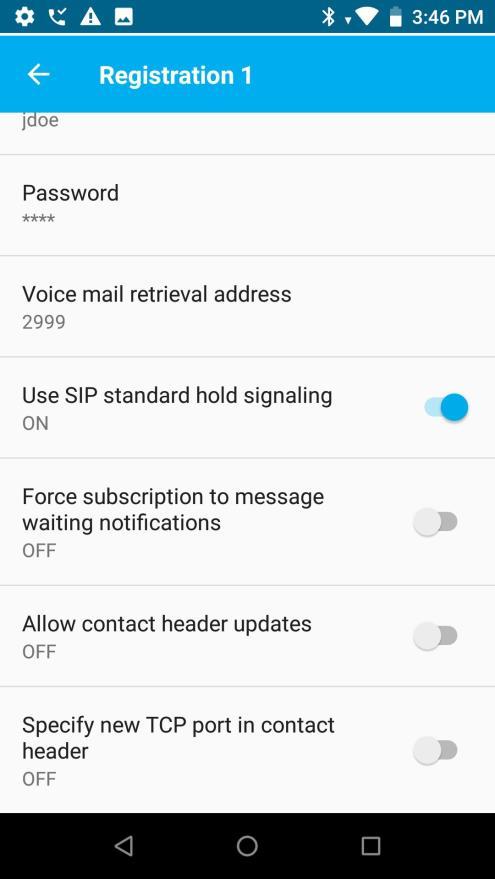 Specify new TCP port in contact header: Off. If enabled, causes the phone to open a new listening port for TCP and put that port number in the contact header field.