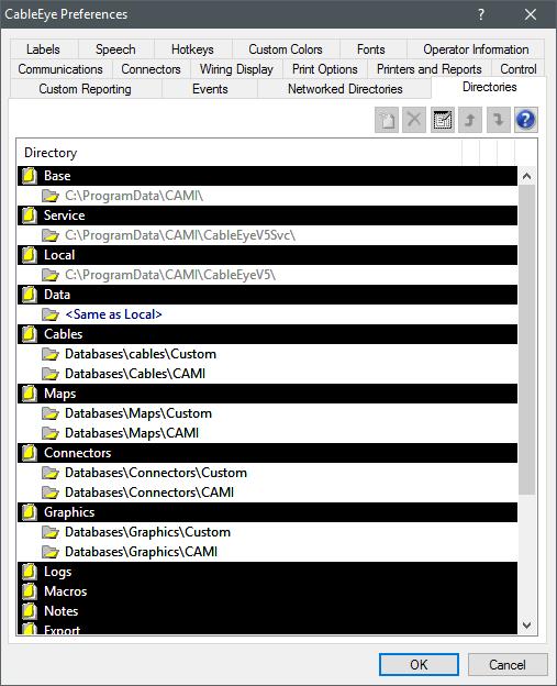 Setting Preferences 8-11 8.16 Directories The Directories page allows you to modify the folders in which CableEye locates database data (cables, maps, connectors, and graphic files).