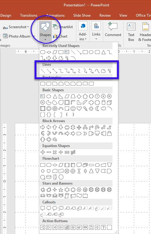 Inserting a Flowchart Arrows and Connectors Step 1: Go to the INSERT tab on the ribbon, choose Shapes.