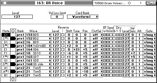 CH 3: DRUM VOICES To edit a TG500 Drum Voice: Open a TG500 Drum Bank. Figure 10: Drum Bank Click the Edit button to open the Drum Voice Edit Window.