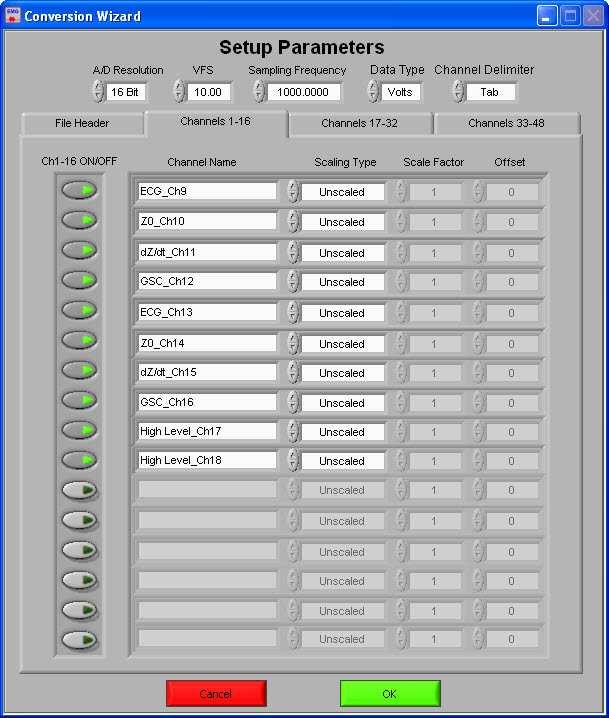 Channel Delimiter: This control specifies the character which is used to separate data channels in the file. Below these settings is the submenu control.