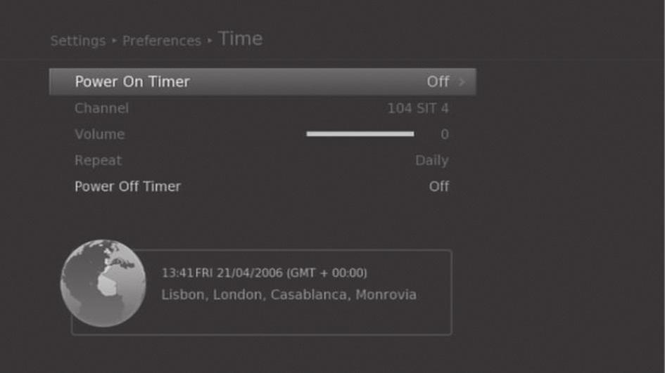 Setting Power On/Off Timer MENU Settings Preferences Time 1. To turn on the product automatically, select Power On Timer and select Set Timer. 2. Enter the time. 3.