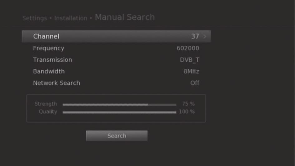 Installation Manual Search You can search channels manually by searching parameters. 1. Select Manual Search. 2. Configure the search options. Channel: Select the channel.