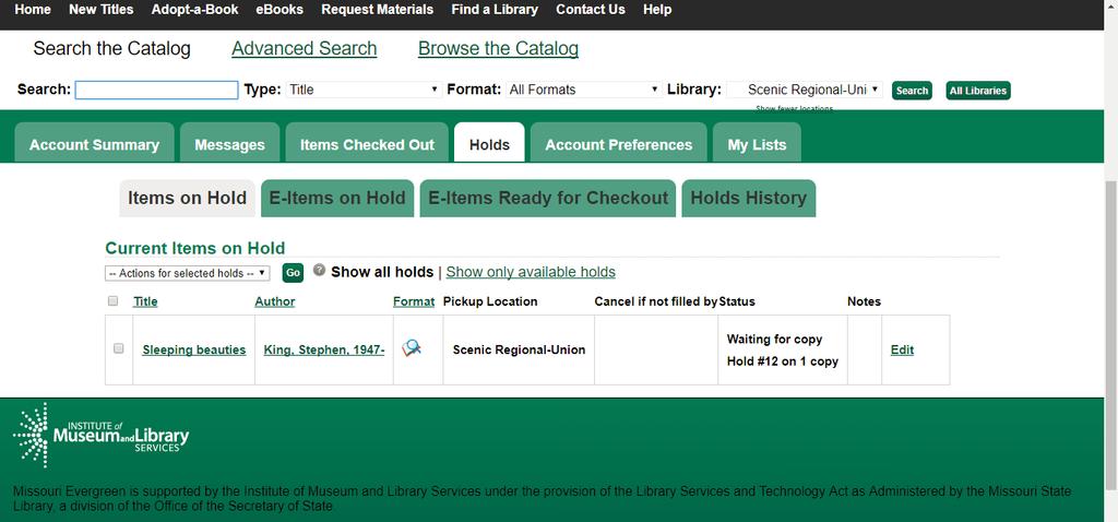 Using the Online Public Access Catalog (OPAC), continued Holds Tab The Holds tab allows patrons to see what items they have on hold.