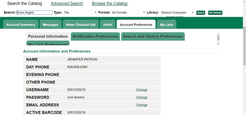 Using the Online Public Access Catalog (OPAC), continued Account Preferences Tab The Account Preferences tab allows patron to edit various characteristics about their accounts and how they can use