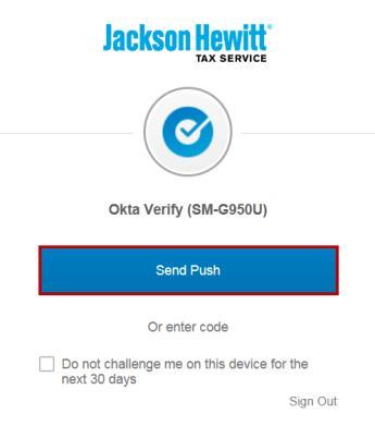2. On Your Computer: Click on the Send Push button. You may also click on the phrase Or enter code to enter the code from the Okta App.