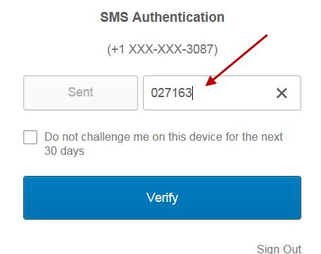3. You will receive a text message which will include a numeric code. Enter this code into the text box and click on the Verify button.