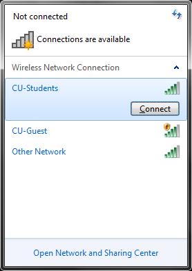 c. If nothing is connected but you want to connect to CU-Students and you have previously setup the manual connection, then click on the CU-Students line and a Connect (or Disconnect if already