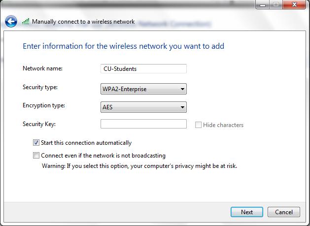8. Choose Manually create a network profile to get the screen below. (It will not be filled out yet!) 9.