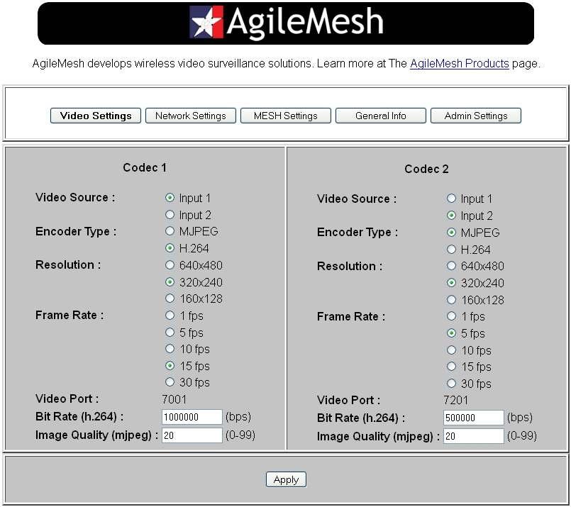 AV1520G2 Video Settings The AgileMesh AV1520G2 has two independent analog video inputs. Browse to the IP address of an AV1520G2 and login as described previously.