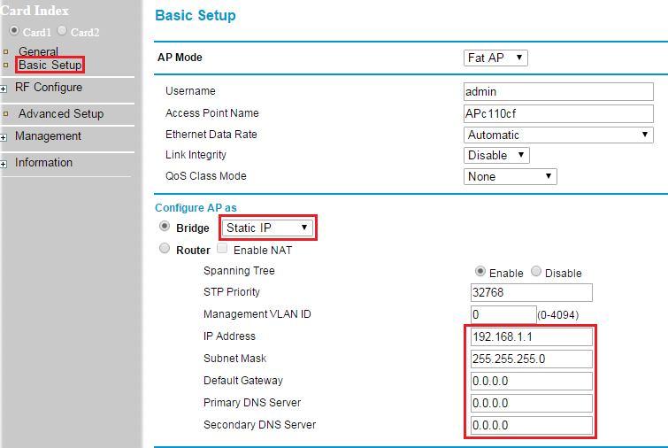 Go to RF Configure > Wireless Settings. (For dual band 5G setting, select Card 2 first then go to RF Configure > Wireless Settings.