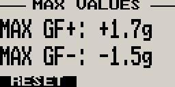 Pressing the F1 key will reset the temporary/current flight maximum values to the current G-force value. Pressing any other key will cause the GF-2 to return to the normal display mode. 3.