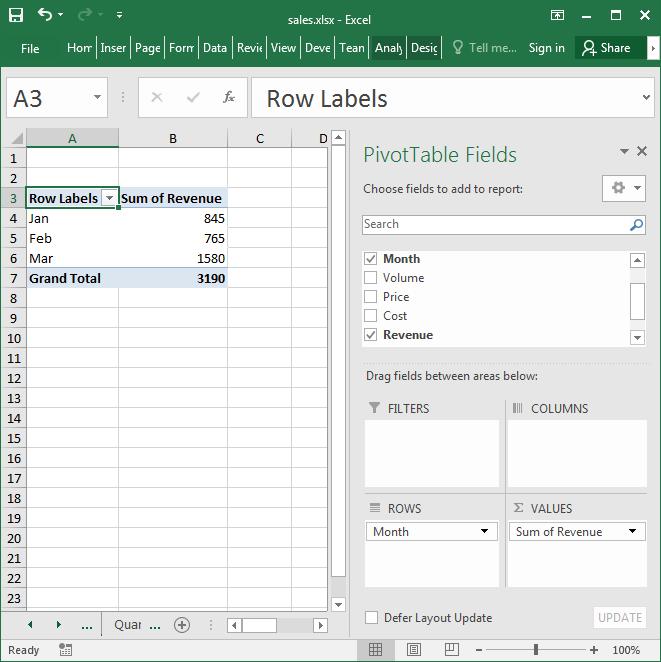Creating a Pivot Table Add fields to pivot table.