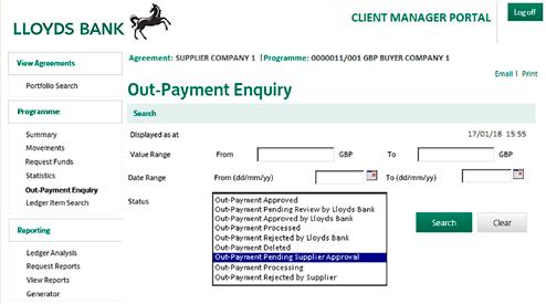 2. In the Status field on the enquiry screen, select Out-Payment Pending Supplier Approval from the drop down menu.