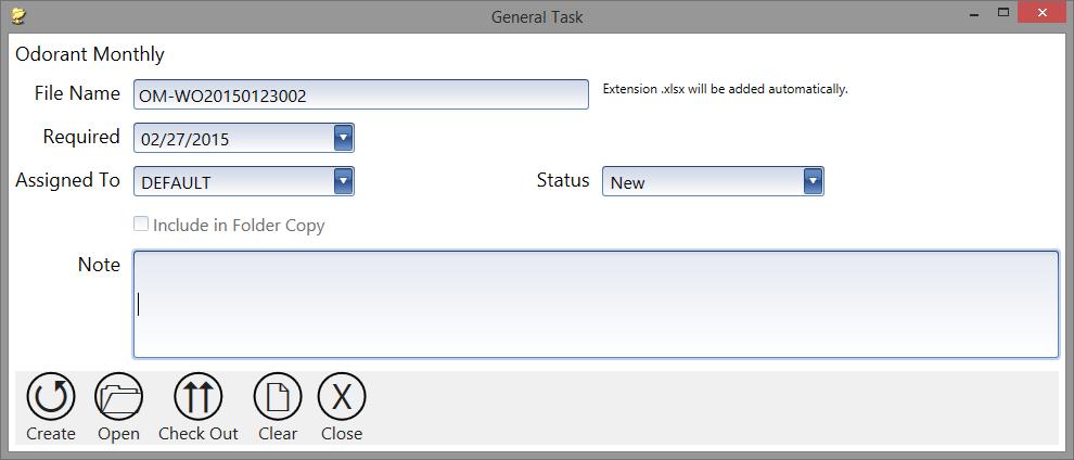 New Tasks > Odorant Monthly Use this tile to create an Odorant - Monthly task file. Complete the fields required and click the Create button.