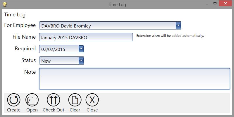 New Tasks > Time Log This tile is used to create a Time Log task file. Complete the fields required and click the Create button.