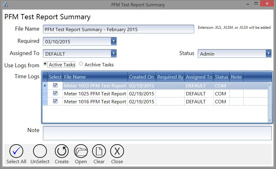 Admin > PFM Test Report Summary Use this tile to create a file