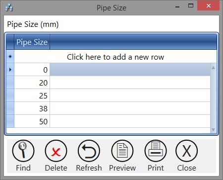 Lists > Pipe Size This tile is used to maintain the list of types of pipe sizes that may be used on jobs.