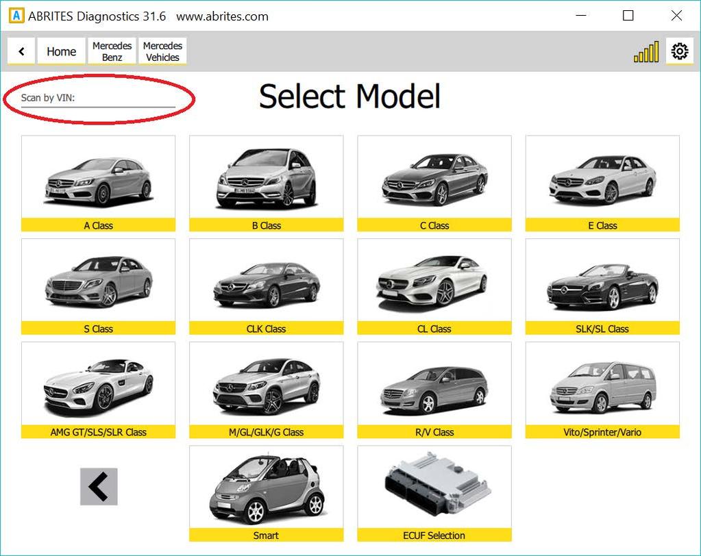 Searching the vehicle via its VIN number is done via the VIN search field in the top left of the screen: Here you can enter the VIN and determine the car which needs to be made of 17 digits.