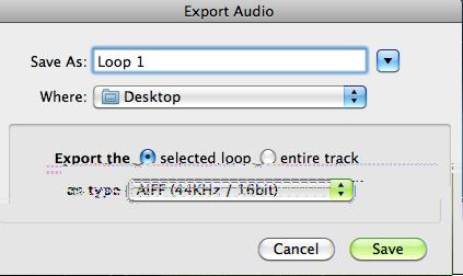 Choose a name and a location for your Loop. Tick the box to Export Selected Loop. Choose a format: MP3 128kbps AIFF 44kHz/16bit Press Save.