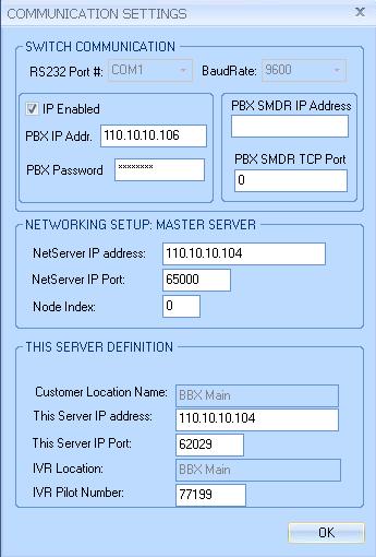 The COMMUNICATION SETTINGS screen is displayed next. Check IP Enabled. Enter the IP address and password for IP Office in PBX IP Addr and PBX Password.