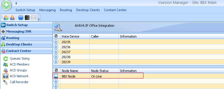 7.2. Verify BBX Technologies Vuesion Multimedia Contact Center Verify that the BBX Node status in online as shown in screen below after the ACD Network route is configured per Section 6.12.