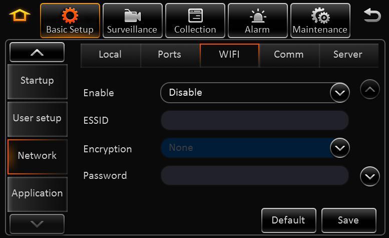 Enable: Select to enable WIFI ESSID: Manually input the address of AP Encryption: It supports NONE, WEP and WPA Password: Manually input Static IP: Select