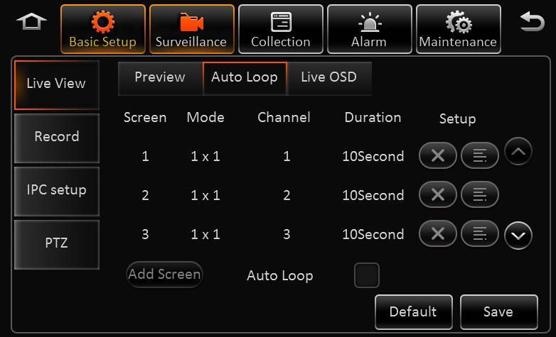 Image setup: Set the live-view parameters, including brightness, contrast, etc.