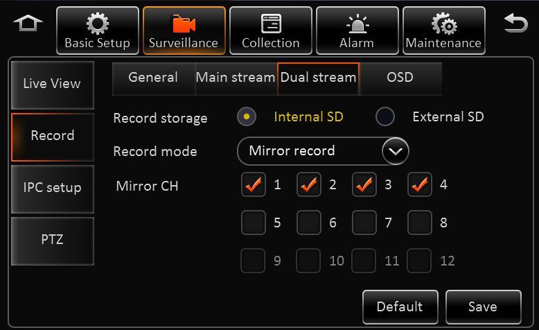 Storage: The storage type for sub stream, internal SD and external SD optional. Record mode: Mirror record, alarm back-up record and sub stream. Mirror record: Channel is selectable.