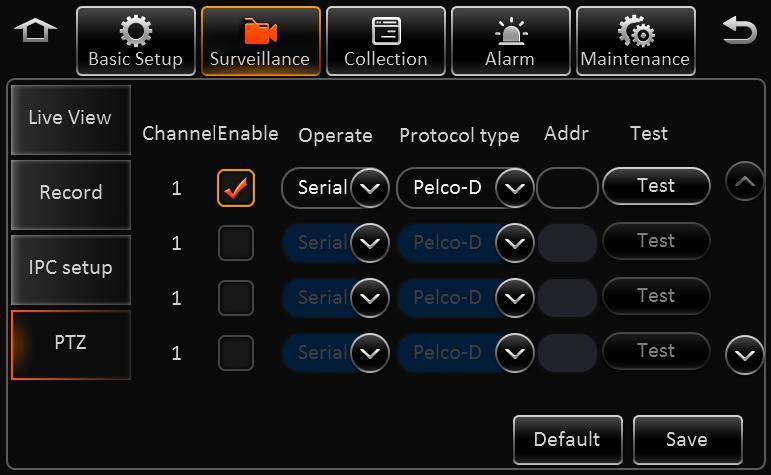 2.6.4. PTZ Channel: It includes analog channels and IPC channels. Enable: Enable PTZ. Operate: It includes serial, HW-VMS and ONVIF.