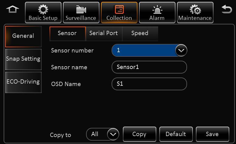 Sensor number: The total alarm input numbers of MDVR. Sensor name: IO sensor name, it can set manually.