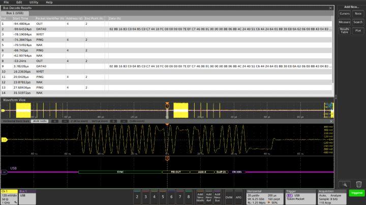 0 Results Table In addition to seeing decoded packet data on the bus waveform itself, you can view all captured packets in a tabular view much like you would see in a software listing.