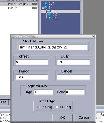 (Figure-44) Figure 44 Return to ModelSim, go to Objects pane again. Right click the signal name IN [2], click "Clock" and enter period 1 ns. Click OK.