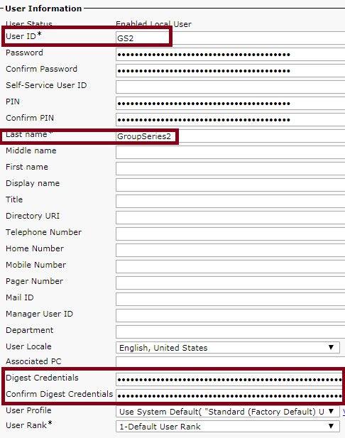 3. Complete the required fields (User ID and Last Name, at a minimum). a. To use digest authentication, enter the Digest Credentials (password) for the Polycom system.