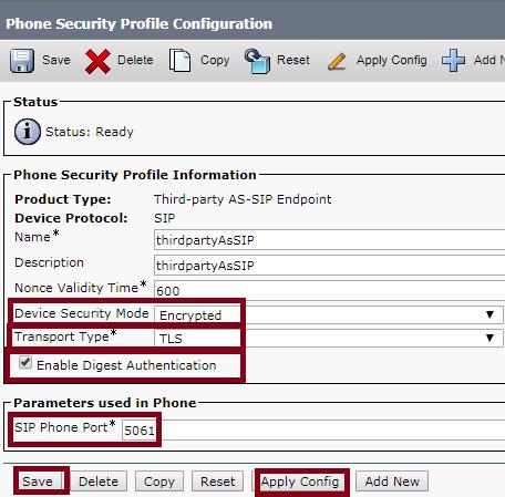 3. Select Add New. 4. In the Phone Security Profile Type drop-down menu, select Third-party AS-SIP Endpoint and click Next. 5.