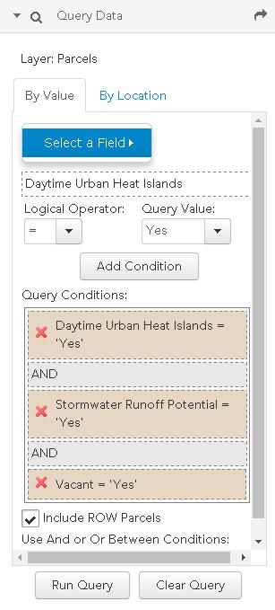 Users can either query by value (information tagged to the parcel) or by location. Query by Value Select the field you would like to query on from the Select A Field menu.